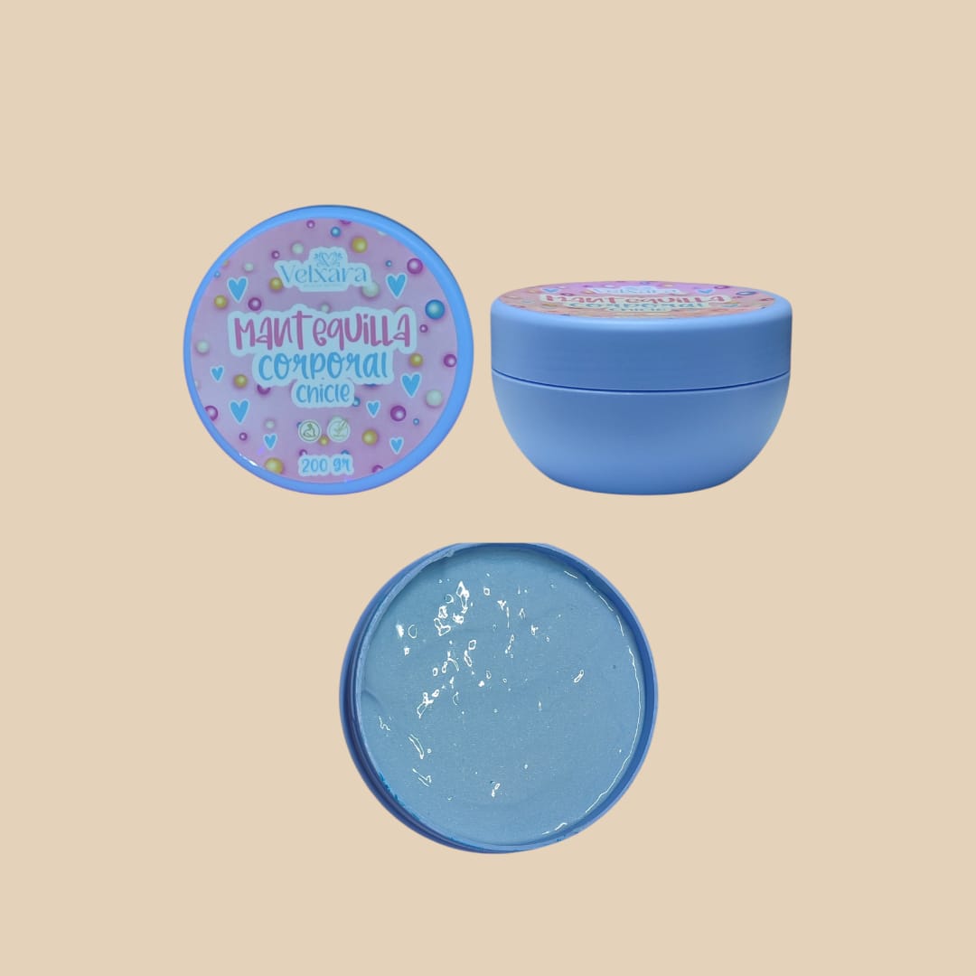 🍬 Mantequilla Corporal Chicle con Destellos Plateados – 200 gr